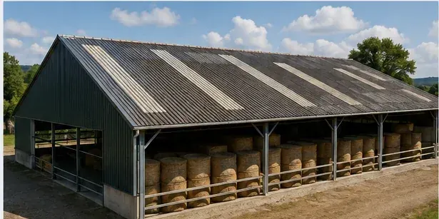 Bâtiment agricole avec toiture en plaques ondulées et plaques translucides