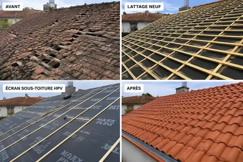 Couverture neuf et rénovation : toiture ancienne, lattage neuf, écran sous-toiture HPV et tuiles neuves